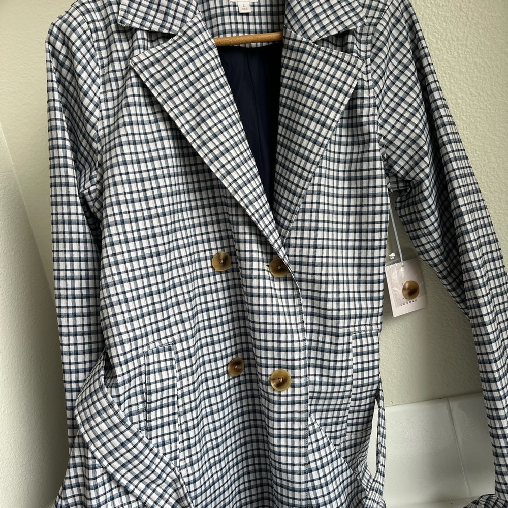 New With Tags: Blue Plaid Double-Breasted Women's Trench Coat With Shirttail Hem
